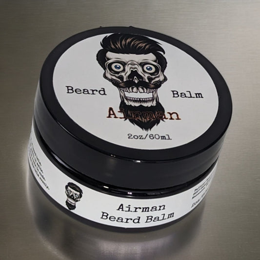 Airman Beard Balm, black jar with the white Balboly label reading Beard Balm, Airman, 2oz/60ml