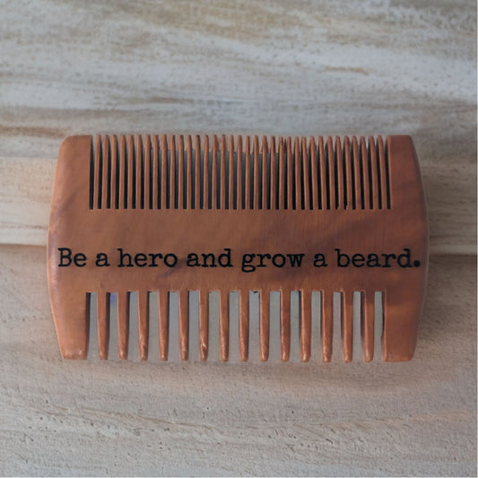 Two-sided beard comb with a laser-engraved message on the back