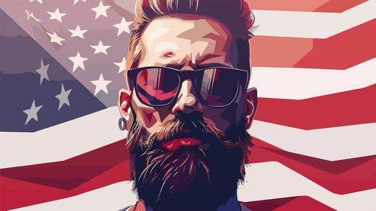 Man with a full beard painted with the American flag pattern