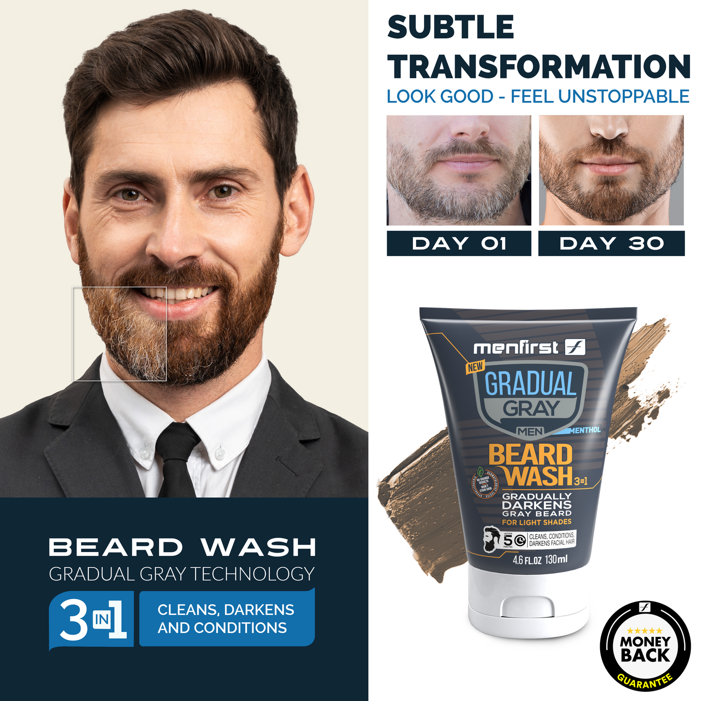 Menfirst Gradual Gray - Beard Wash - Natural Darkening Formula - 1 Pack - 4.6 Oz Each